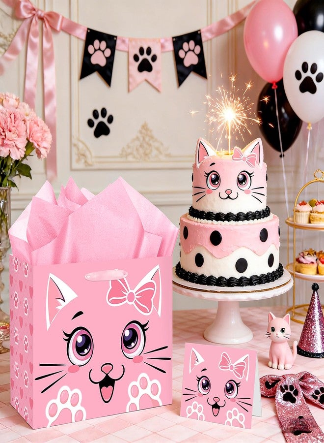 Woosytoo Pink Cat Gift Bag Cute Cat Birthday Gift Bag with Tissue Paper and Card Funny Meow Kitty Wrapping Paper Kawaii Heart Paw Print Gift Bags for Girls Kids Pets Cats Birthday Baby Shower Party Decor - Image 4
